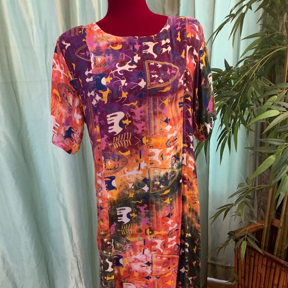 Dress, washable rayon, fun fabric, generous M sizing,